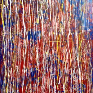 Red on Blue – Modern Abstract Painting by Gregory Christeas