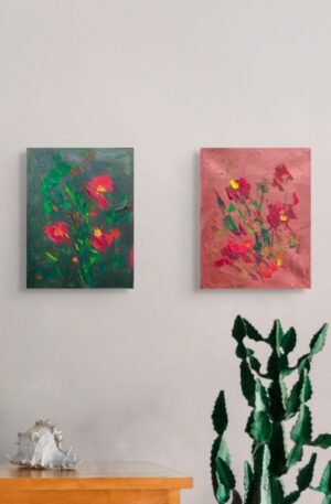 Abstract Flowers Painting Green & Red