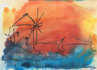 Greek Island Paintings Ink on paper Wind Mill Christeas (26)